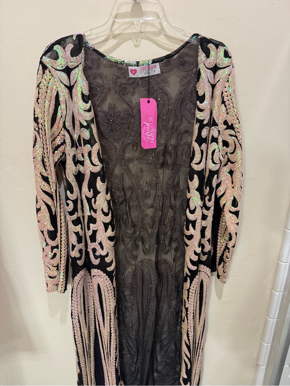 Southern Boutique Black Sheer Duster with Pink Iridescent Embellishment